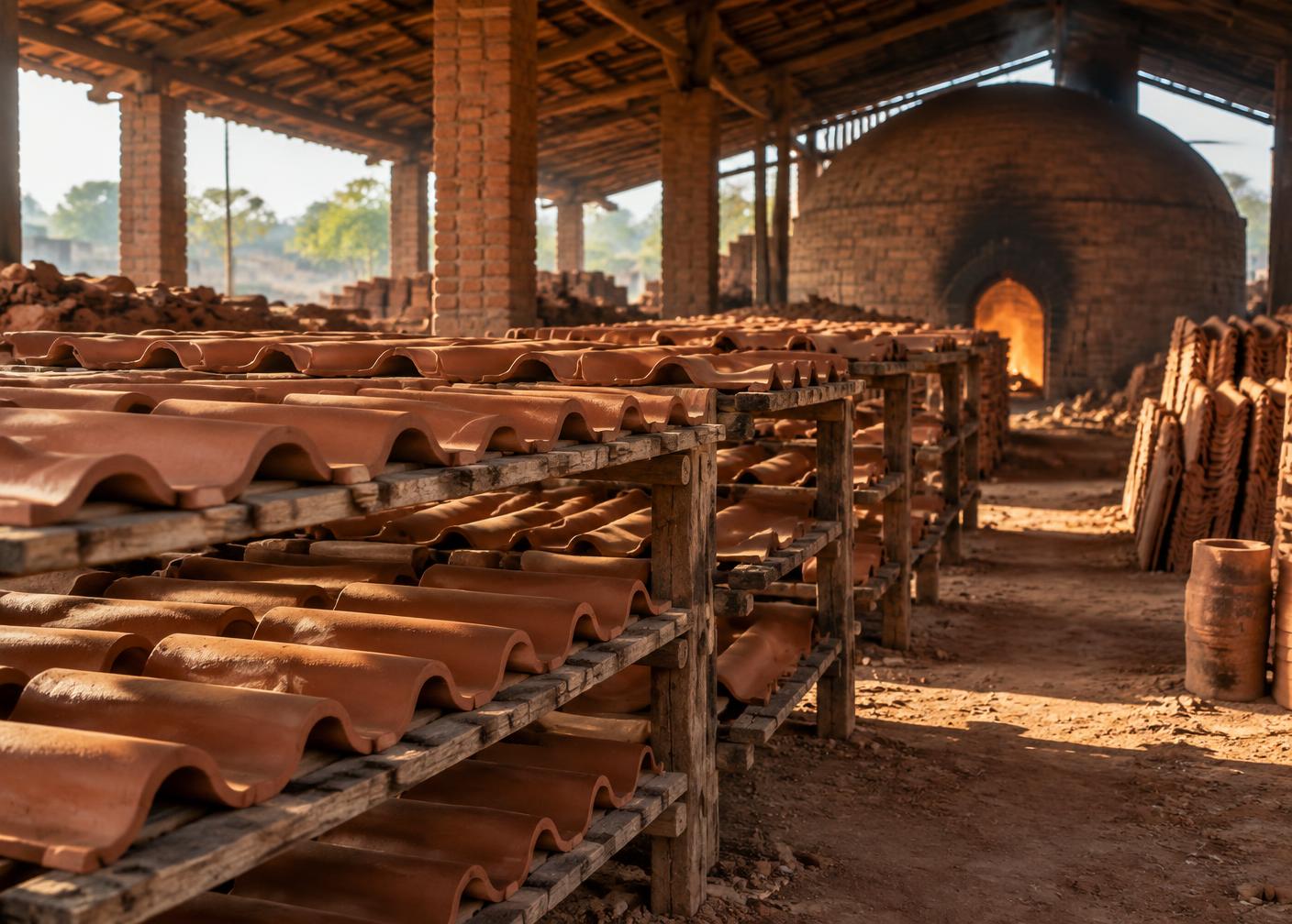 Clay roof tiles drying inside the Suraj Tiles workshop