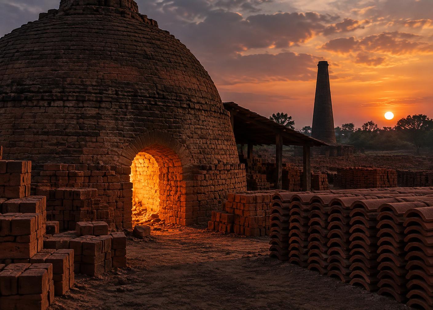 Traditional brick kiln glowing at dusk